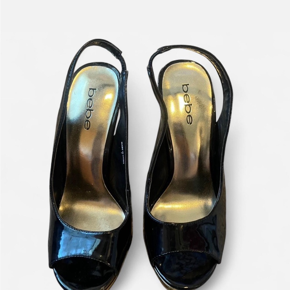 Bebe Glossy Black Slingback Heels
